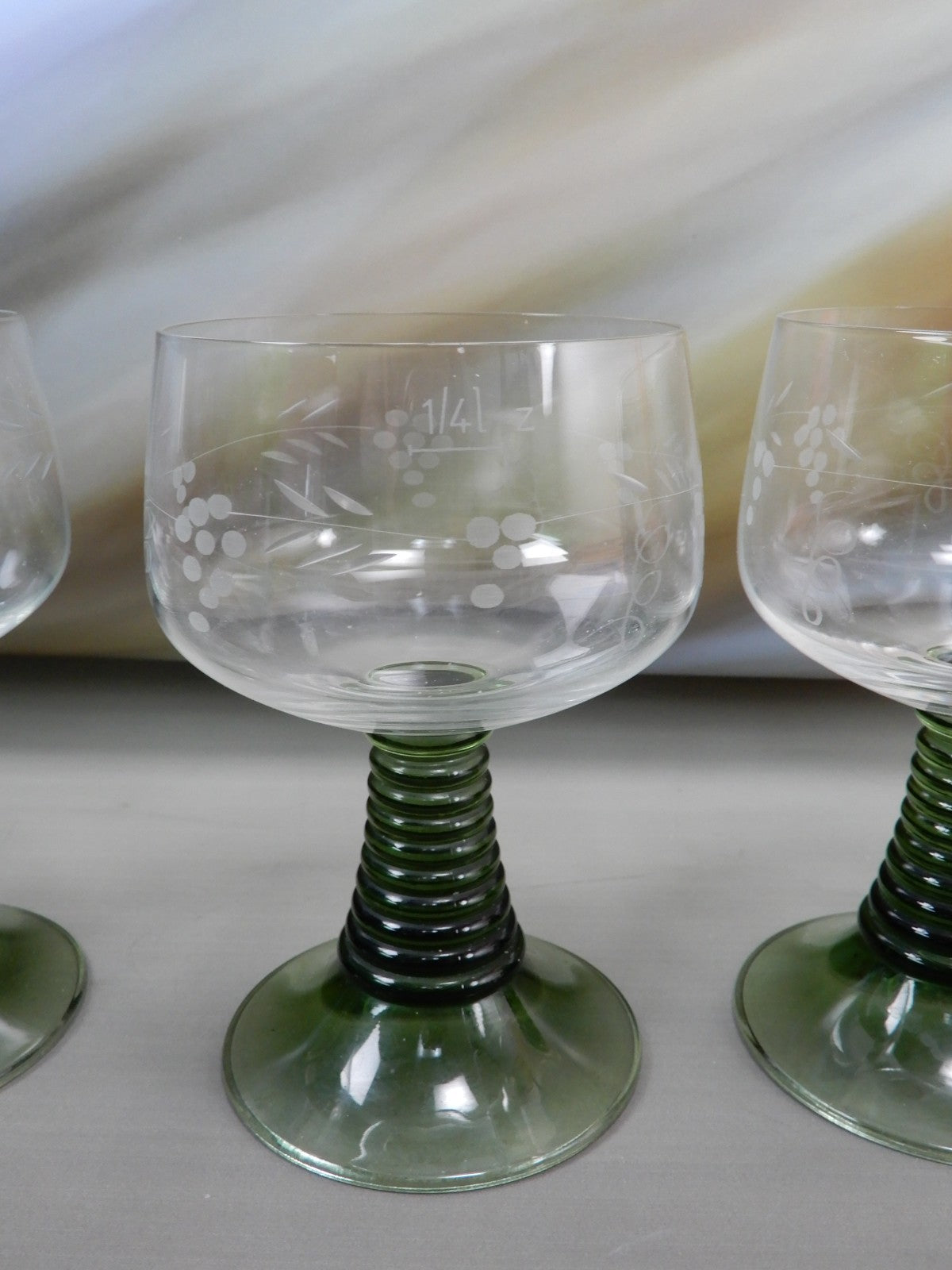 Vintage Set Of 4 Roemer Ruwer Green Stem 11 oz Glasses 1/4L