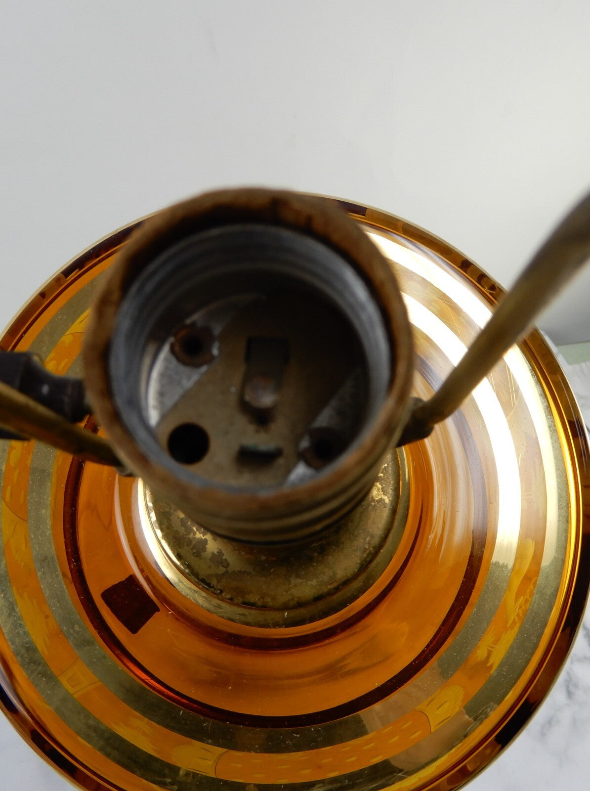 Vintage Czech Bohemian Amber Glass Etched W/ Brass Pilar Table Lamp Marble Base