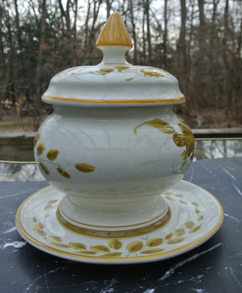 Vintage Italian Yellow Ceramic Tureen with Platter & Ladle Hand Painted