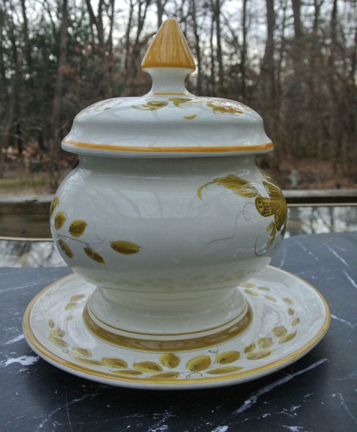 Vintage Italian Yellow Ceramic Tureen with Platter & Ladle Hand Painted