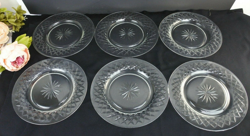 Lot of 6 Clear Glass Luncheon Plates With Criss Cross and Stardust Design