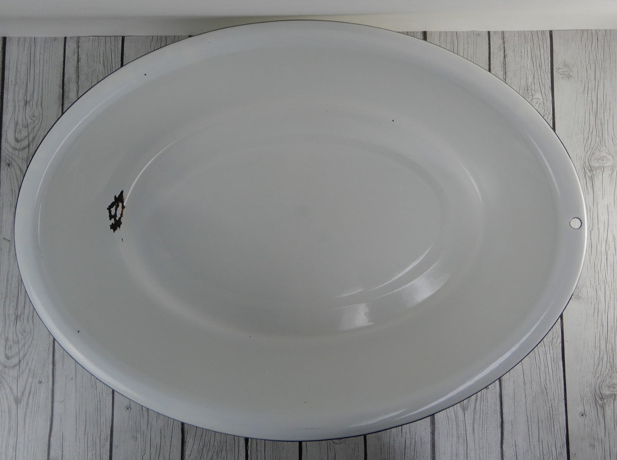 Vintage White Enamelware Oval Basin Wash Tub Bath Planter,Baby Wash 25-1/2" Long