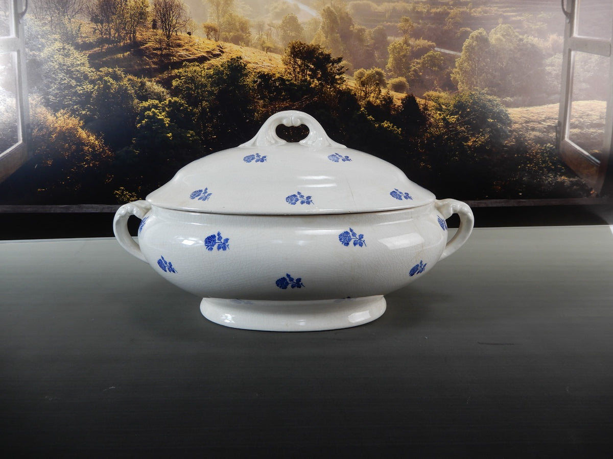 Antique GEFLE Porcelain Soup Tureen, Blue Rose Motif, Swedish Transferware