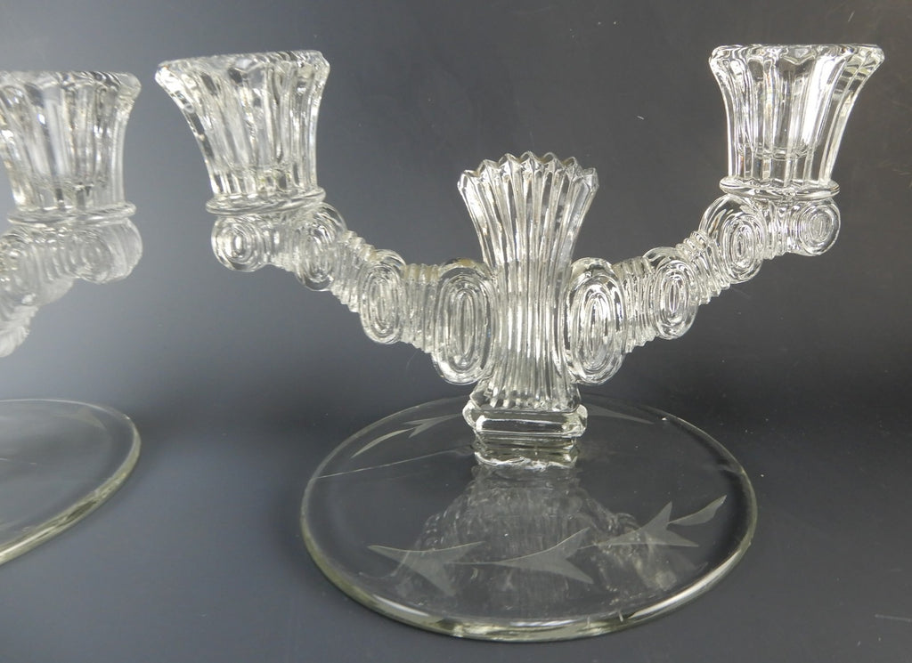 Pair of Paden City Largo Double Light Candle Holders Etch Leaf Base