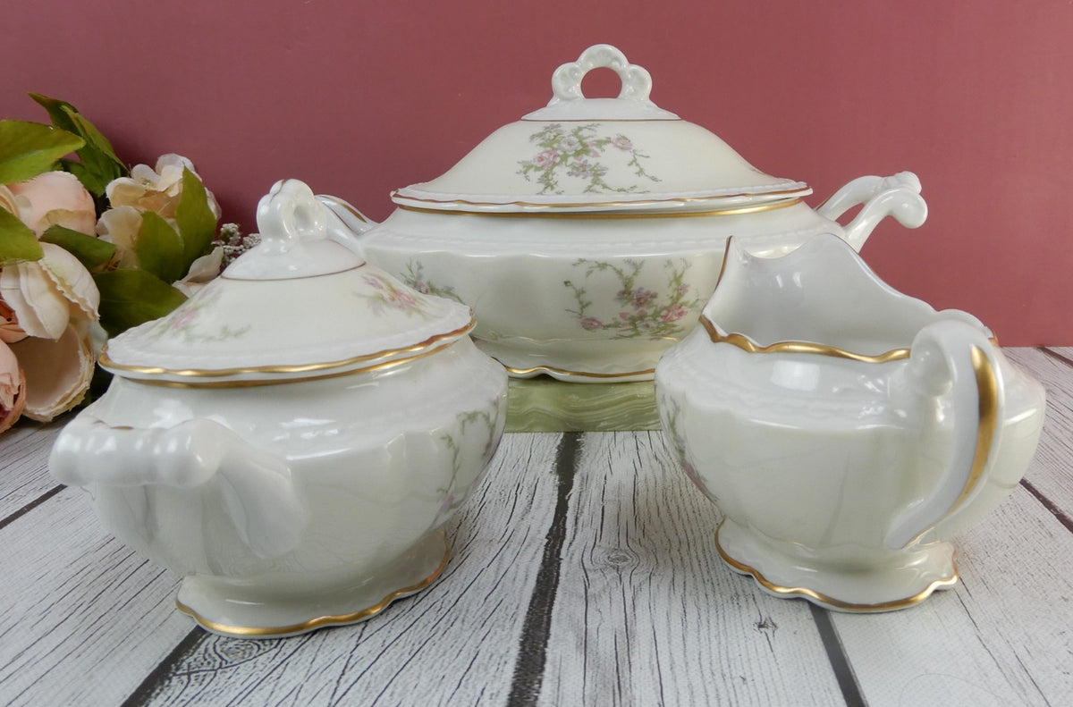 Vtg. Arcadian Fine China "Old Rose" Covered Vegetable Bowl ,Creamer & Sugar Bowl