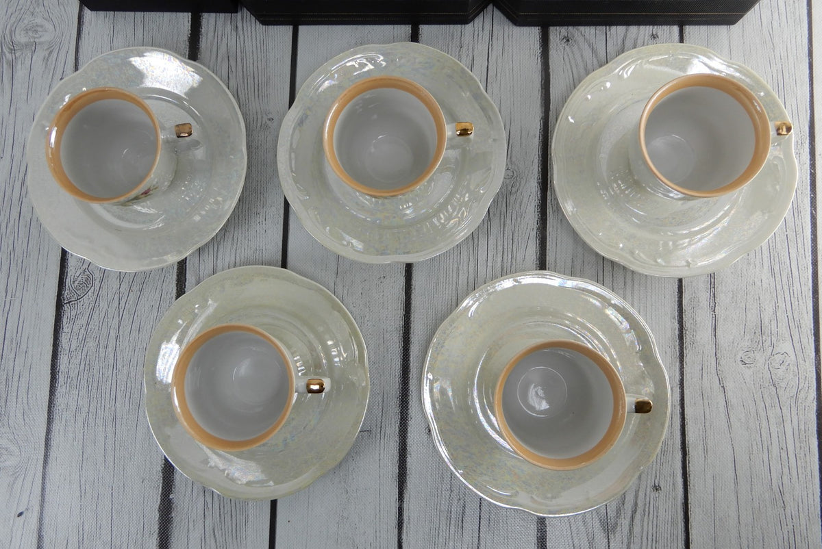 Vintage Iridescent Wloclawek Porcelain 13 Piece Tea Service Poland Set