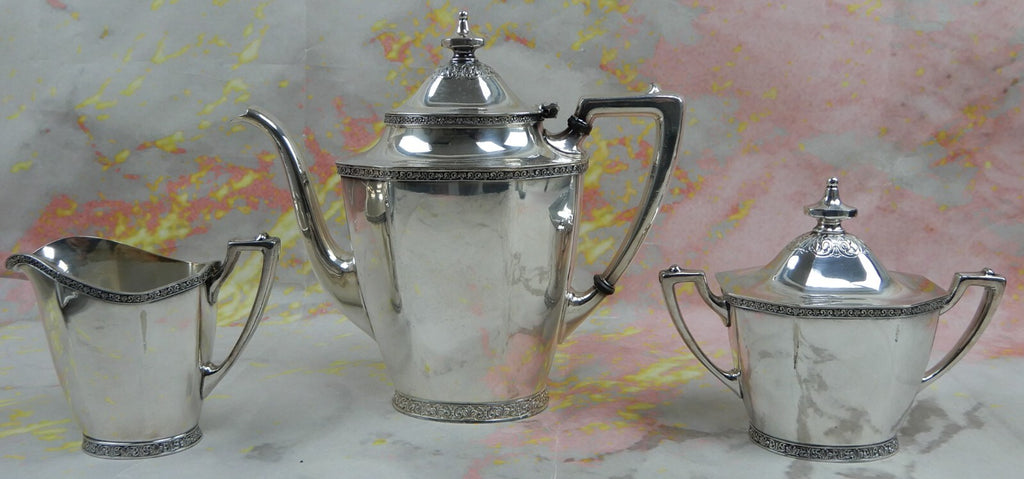 Andover Silver Plated Coffee Pot, Creamer, Sugar Bowl with Tray