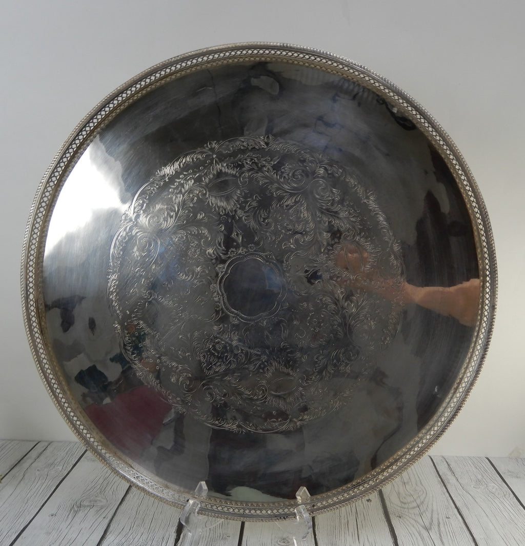 20-1/2"  Sheffield Tray Silver Plated on Copper Chased Detail, Reticulated Edge