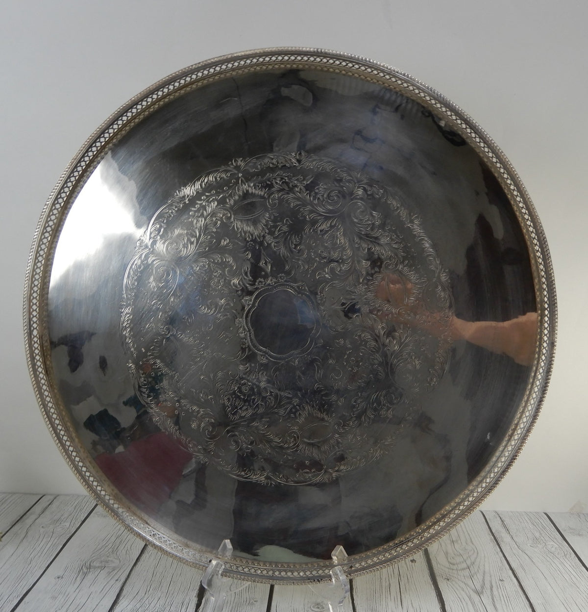 20-1/2"  Sheffield Tray Silver Plated on Copper Chased Detail, Reticulated Edge