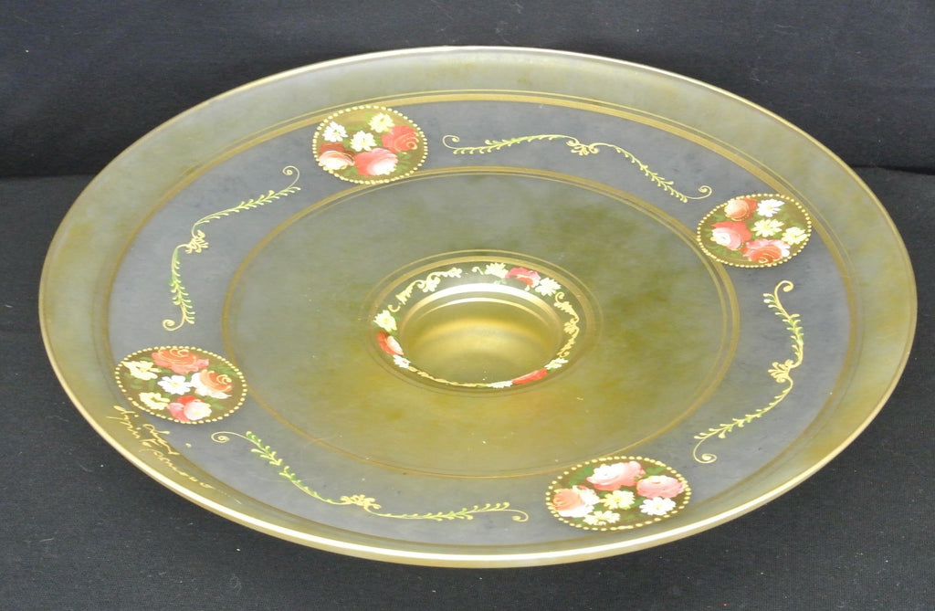Vintage Bohemian Glass Hand Painted Enamel Footed Bowl, Stand