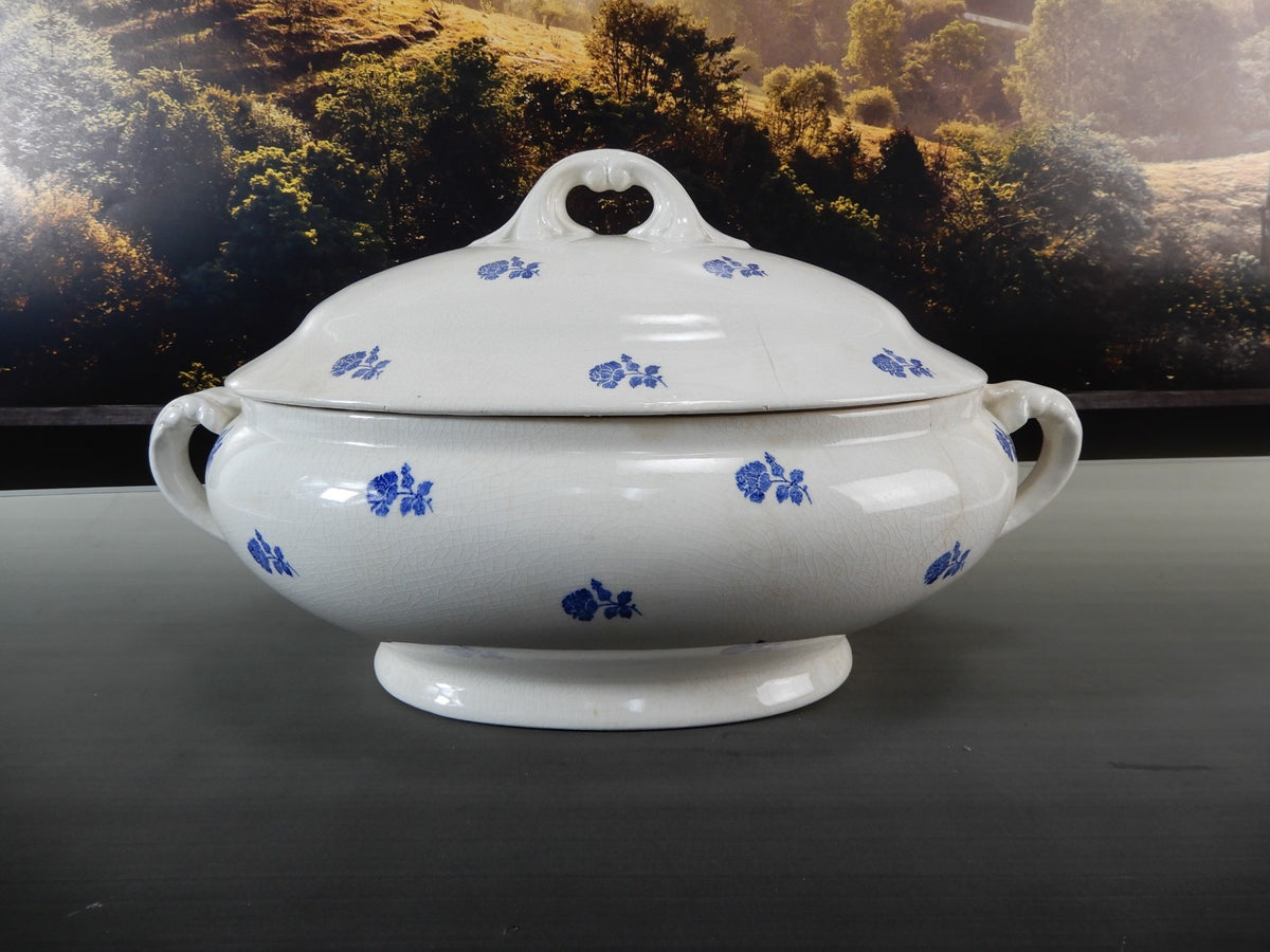 Antique GEFLE Porcelain Soup Tureen, Blue Rose Motif, Swedish Transferware
