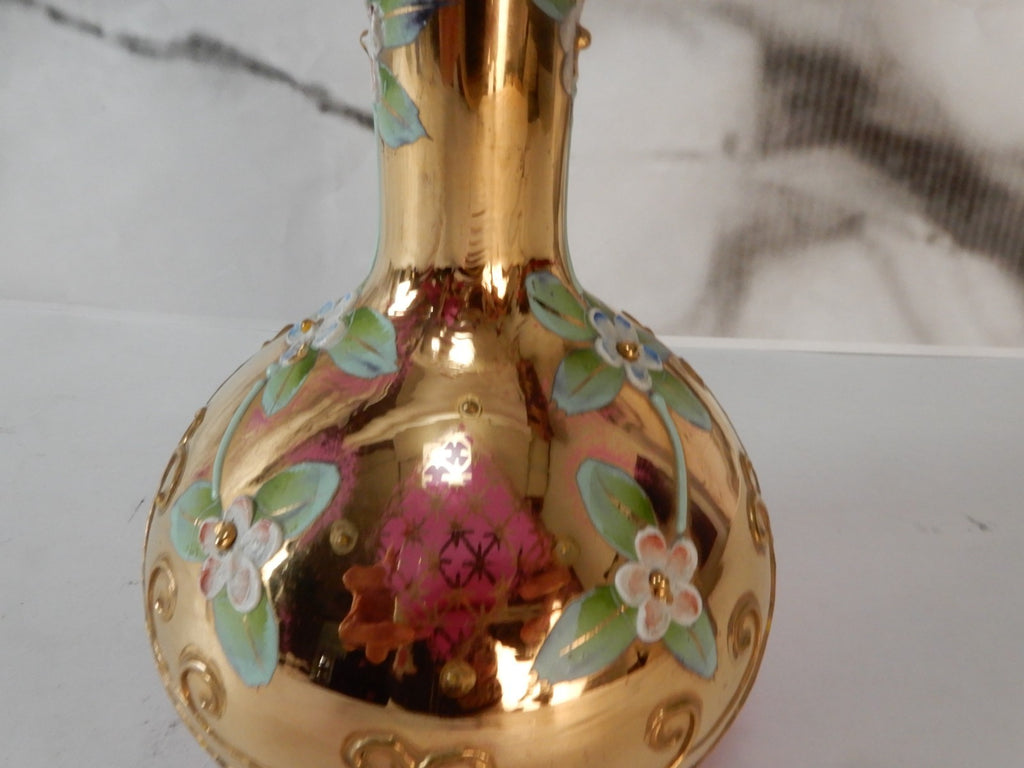 Vintage Glass Czech Bohemia Hand-Painted Red Cruet with Stopper