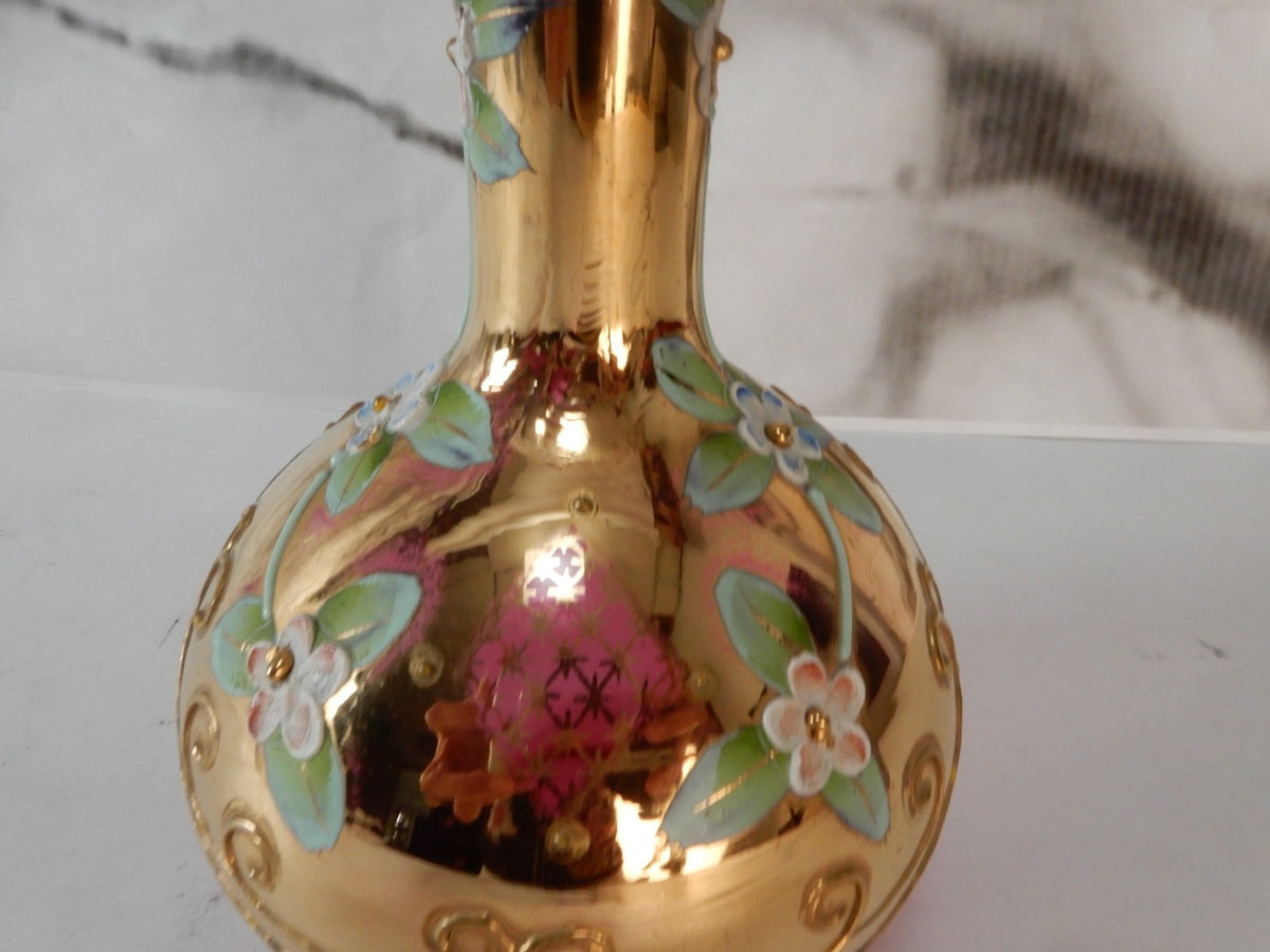 Vintage Glass Czech Bohemia Hand-Painted Red Cruet with Stopper