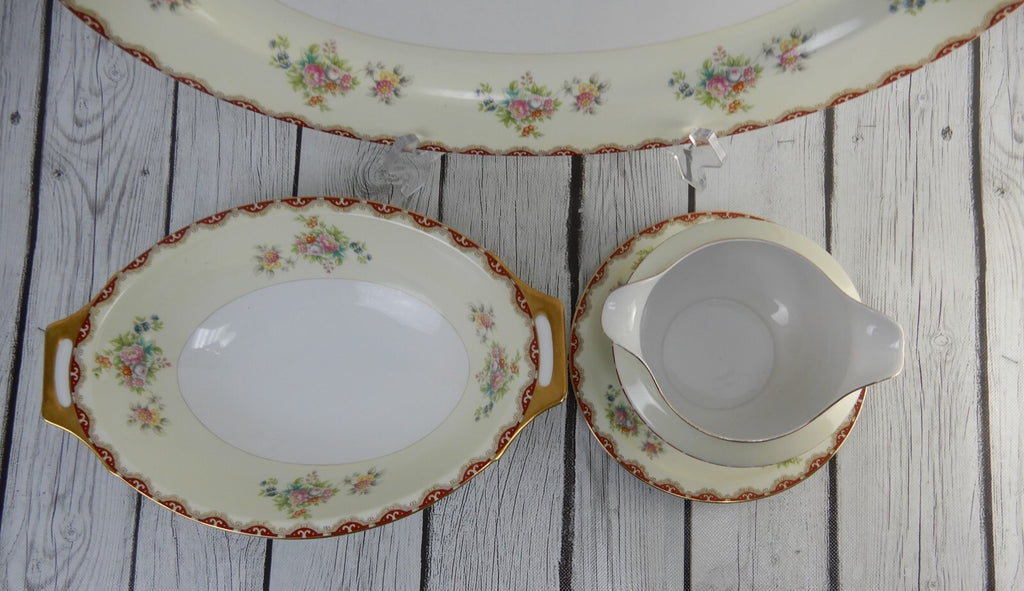 Set of 3 Pc. Meito China Floral Japan Platter,Serving Bowl,Gravy Bowl WITH CHIPS