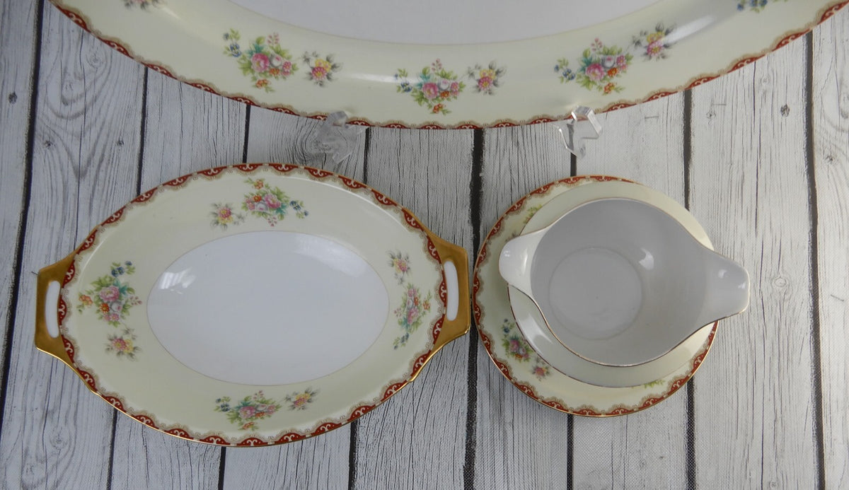 Set of 3 Pc. Meito China Floral Japan Platter,Serving Bowl,Gravy Bowl WITH CHIPS