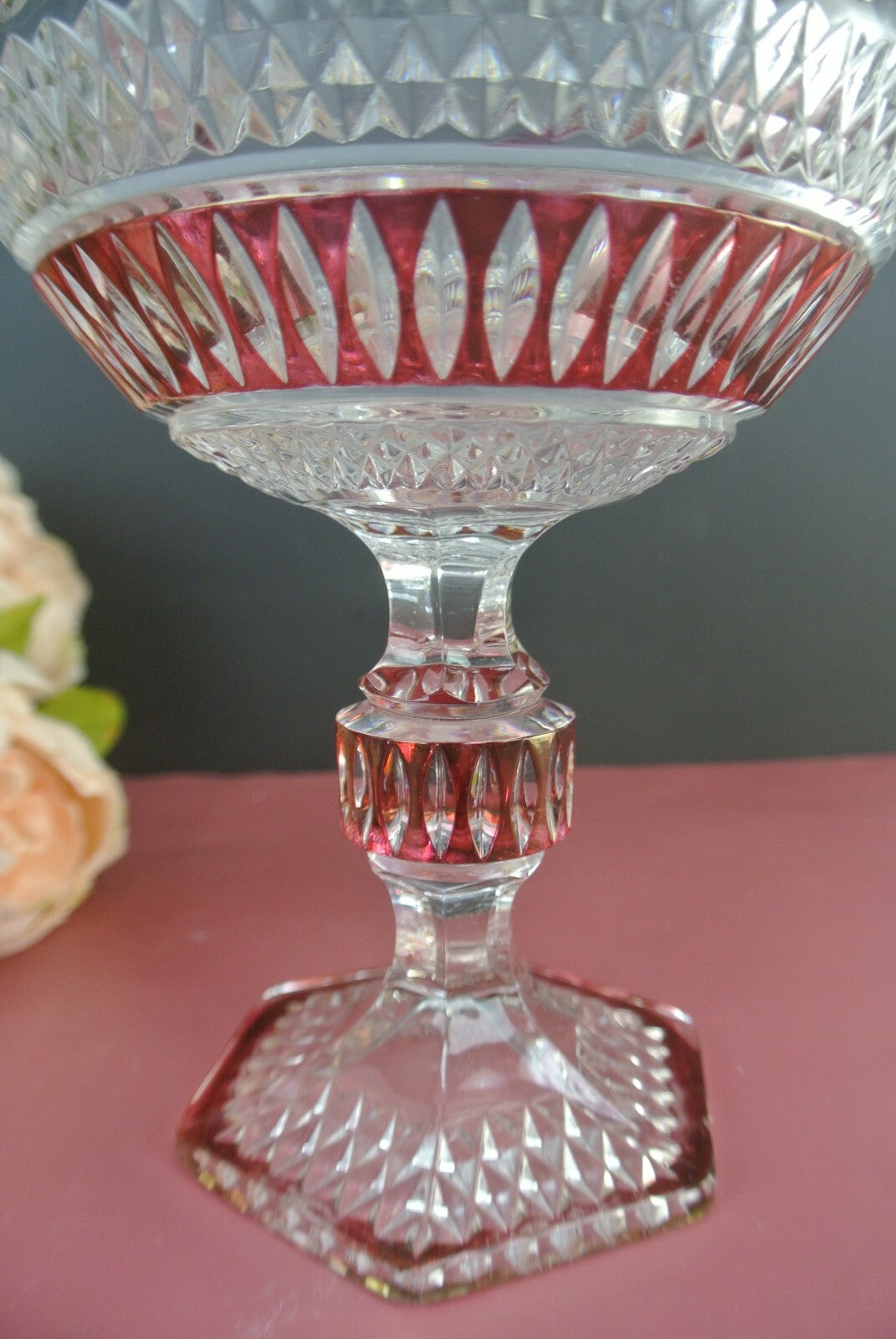 Vintage Diamond Crystal Compote W/ Painted Red Accents