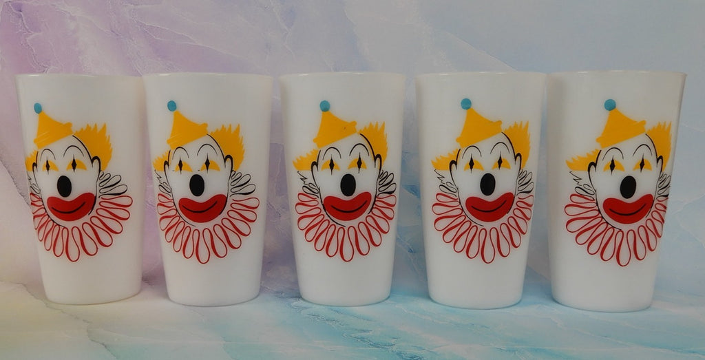 Set of 5 Hazel Atlas Milk Glass Clown Face High Ball Tumbler Glass 11 oz