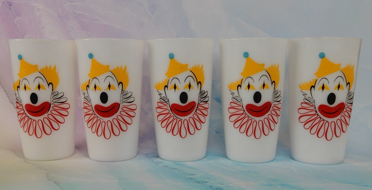 Set of 5 Hazel Atlas Milk Glass Clown Face High Ball Tumbler Glass 11 oz