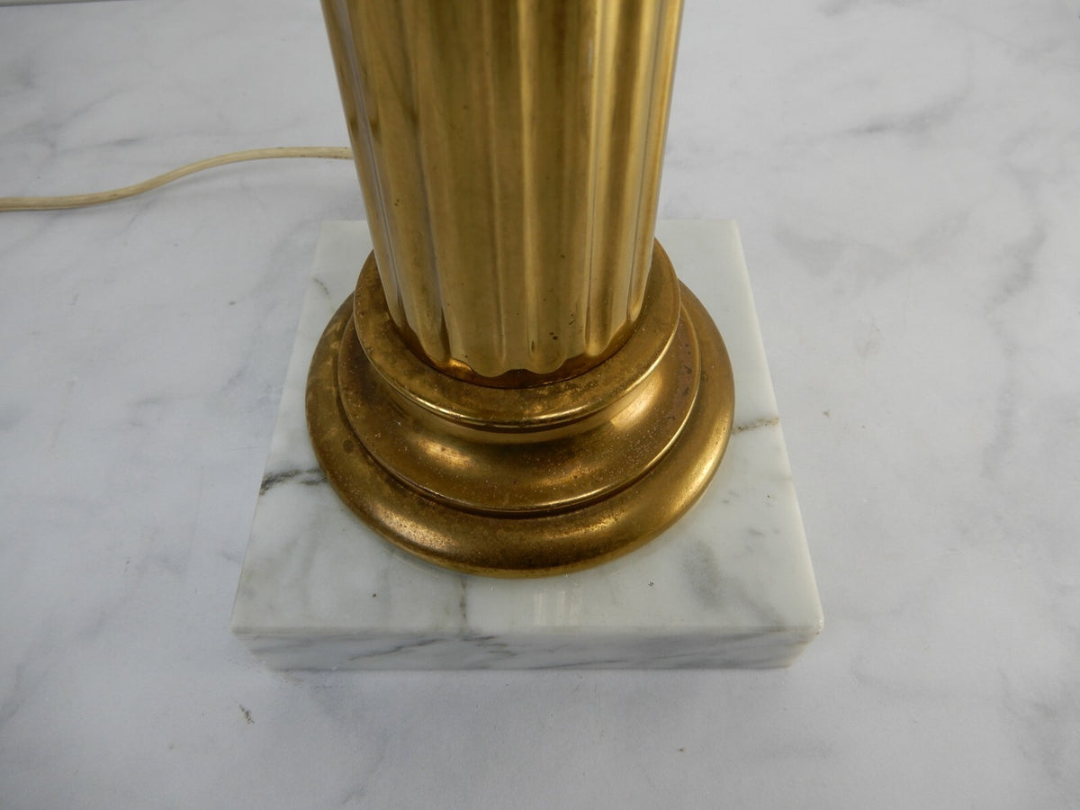 Vintage Czech Bohemian Amber Glass Etched W/ Brass Pilar Table Lamp Marble Base
