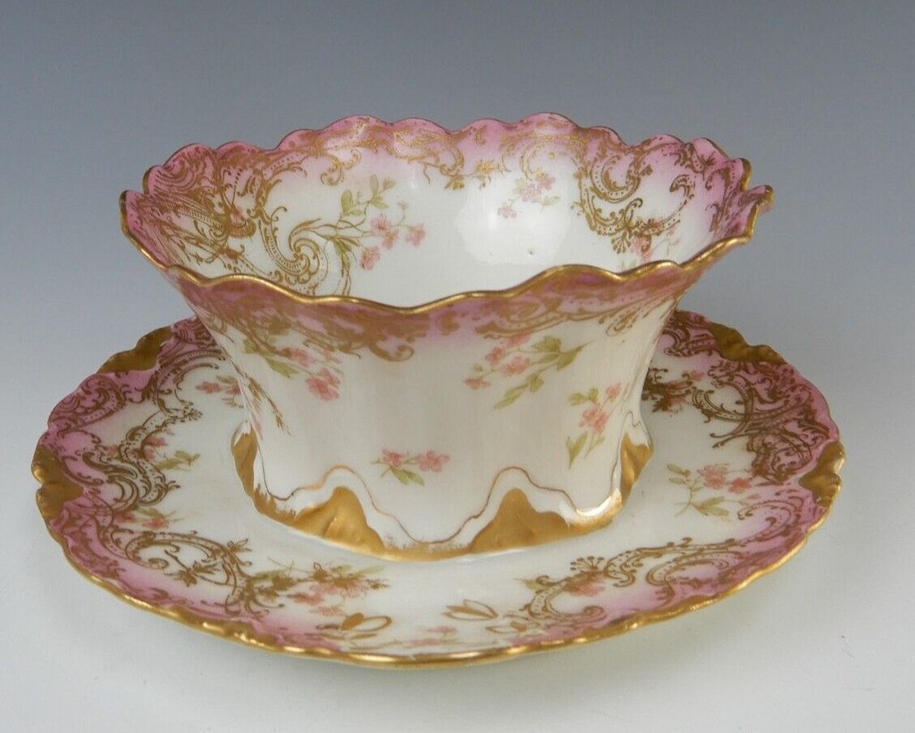 Antique Haviland Limoges Pink Sauce or Mayonnaise Bowl w/ attached Underplate