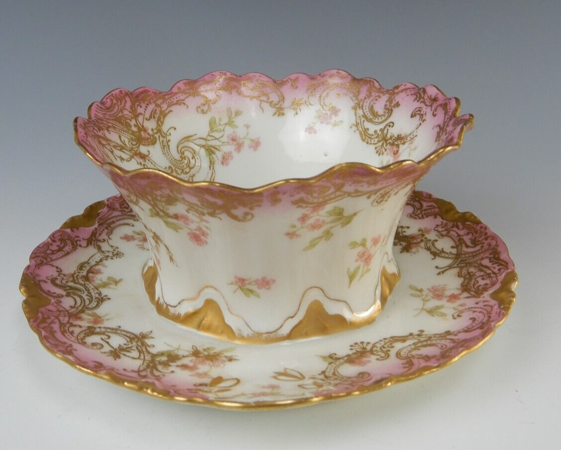 Antique Haviland Limoges Pink Sauce or Mayonnaise Bowl w/ attached Underplate