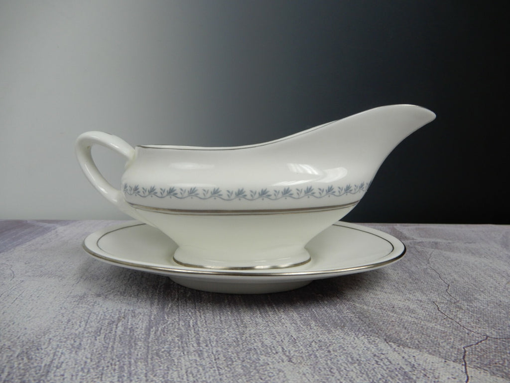 Vintage TIARA Royal DoultonFine Bone China Platinum Gravy Boat w/Underplate