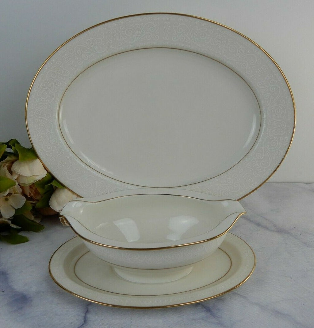 Porcelain Noritake Tulane 7562 Pattern Platter and Gravy Boat