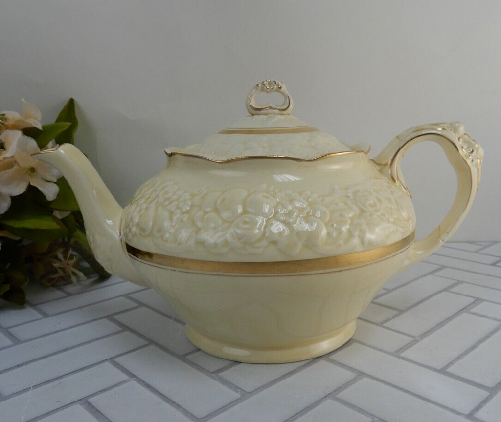 Crown Ducal Gold Gild Band Florentine Sand Cream Teapot with Fixed Handle As Is