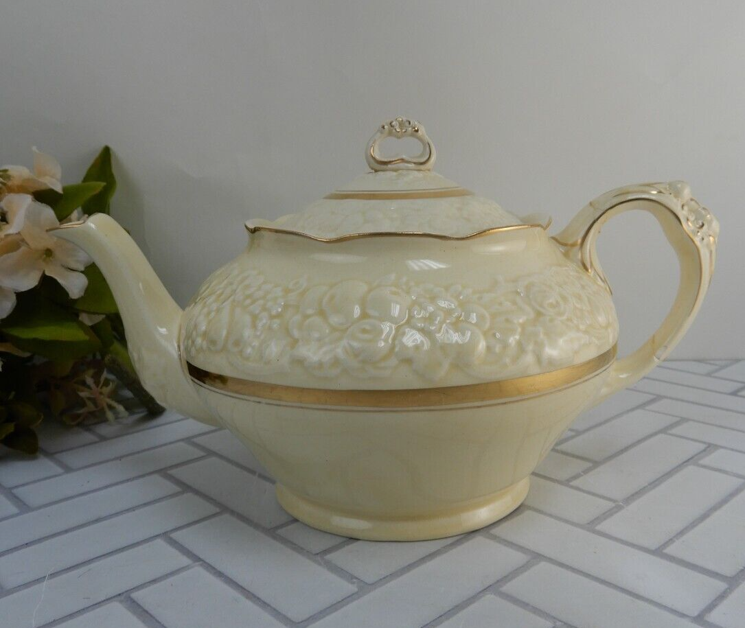 Crown Ducal Gold Gild Band Florentine Sand Cream Teapot with Fixed Handle As Is