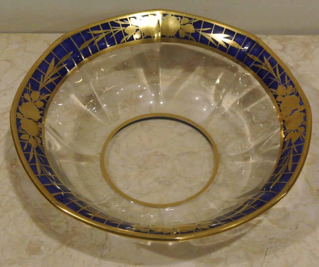Blue Gold Glass Bowl, Clear Center, German Style (9" Diameter)