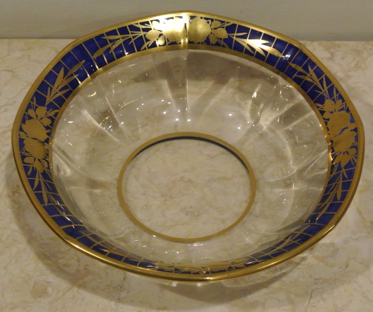 Blue Gold Glass Bowl, Clear Center, German Style (9" Diameter)