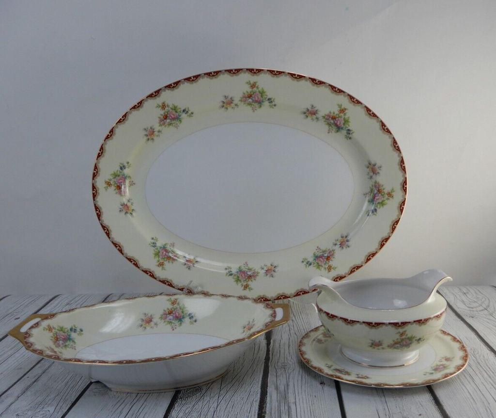 Set of 3 Pc. Meito China Floral Japan Platter,Serving Bowl,Gravy Bowl WITH CHIPS