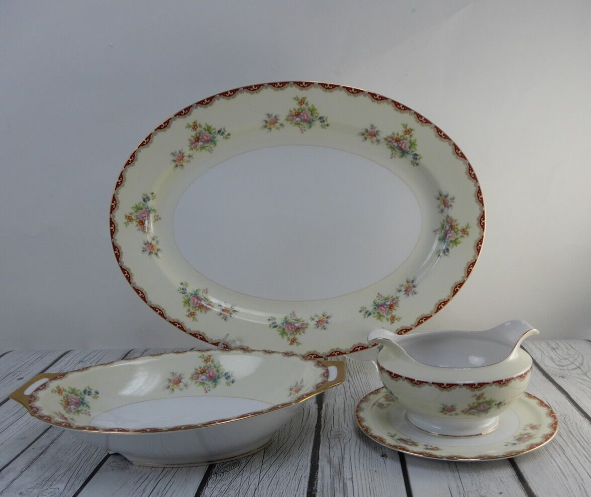 Set of 3 Pc. Meito China Floral Japan Platter,Serving Bowl,Gravy Bowl WITH CHIPS