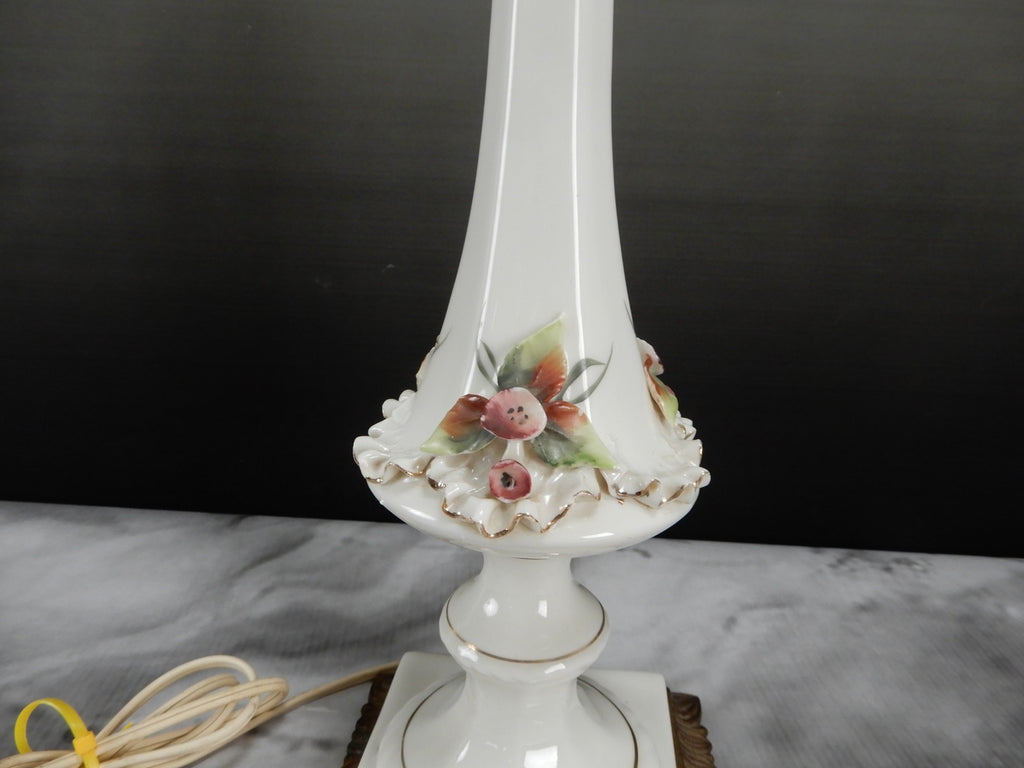 Vintage Porcelain Boudoir Table 3-Way Lamp with Applied Flowers 27" Tall