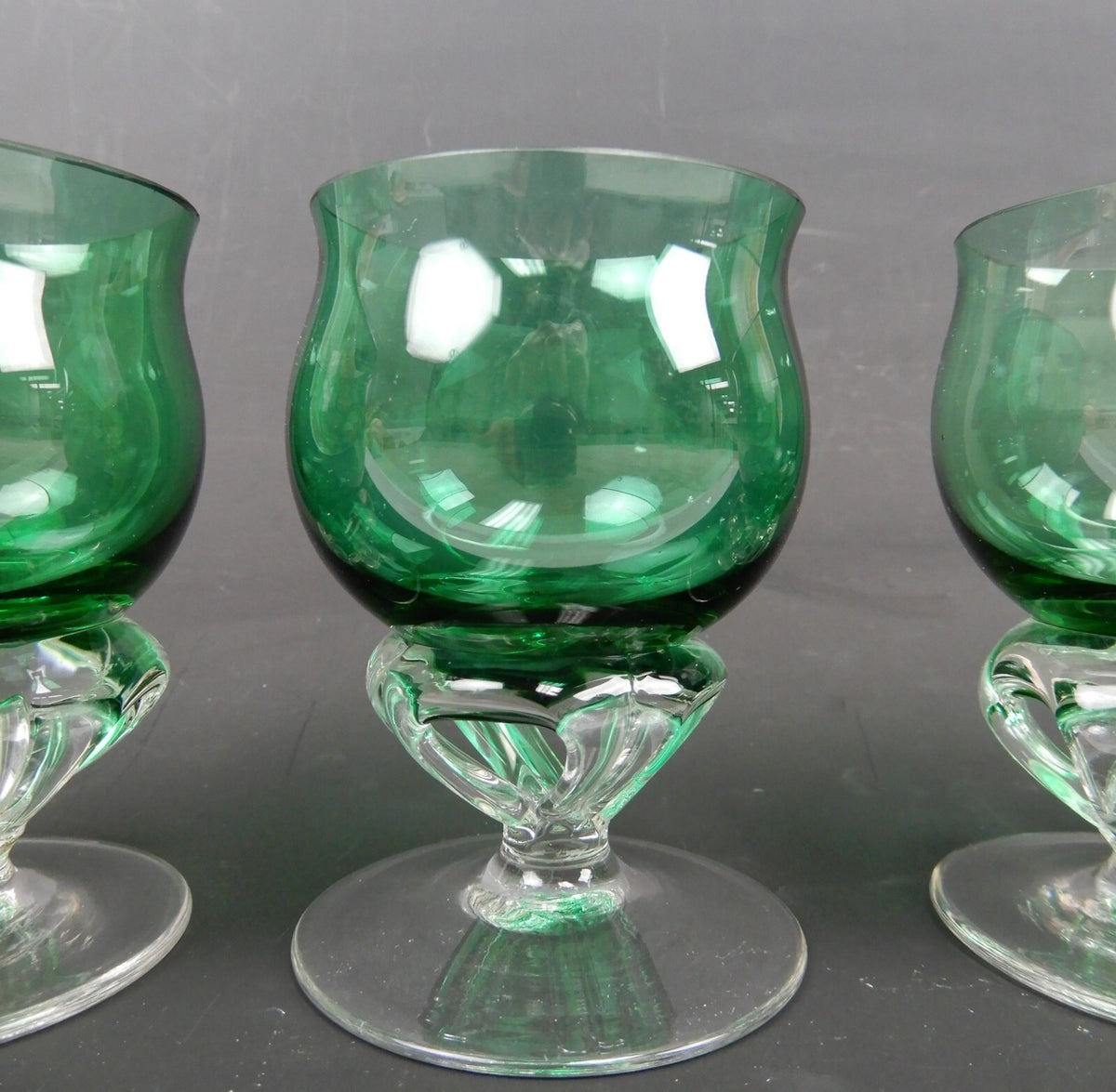 4 Hand Blown Forest Green With Clear Stemmed Cordial Liqueur 4oz Glasses