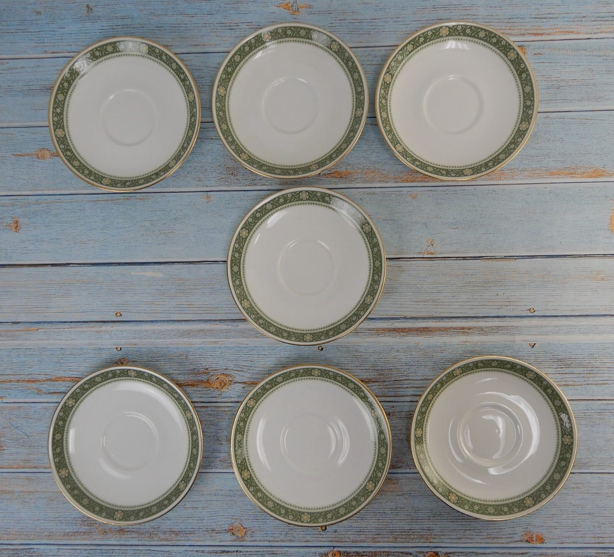 Royal Doulton Rondelay Gold Green Band H5004 Set of 7 Espresso Cups and Saucers