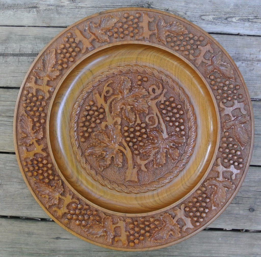 Vintage Large 19" Hand-Carved, Brown Wood Plate with Grape Vines/ Wall Art Decor