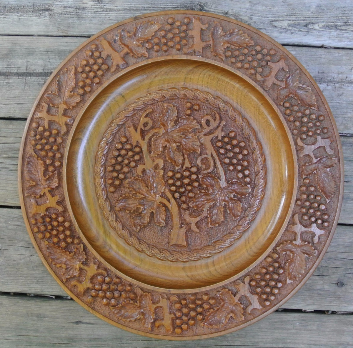 Vintage Large 19" Hand-Carved, Brown Wood Plate with Grape Vines/ Wall Art Decor