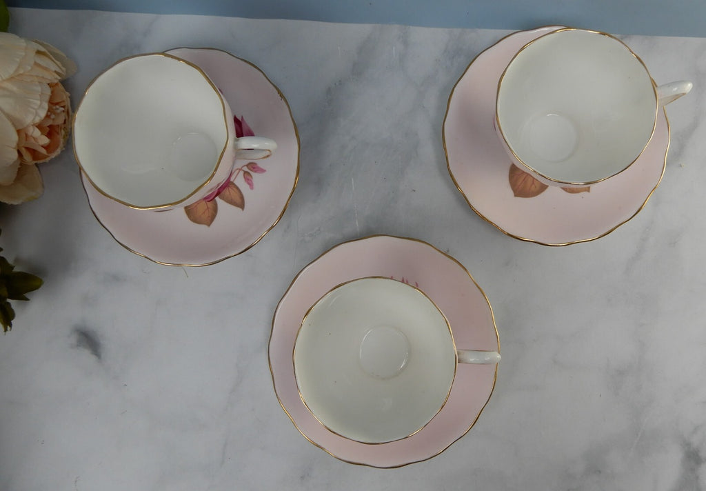 Set of 3 Colclough Bone China Pink Color Water Lily Teacups & Saucers