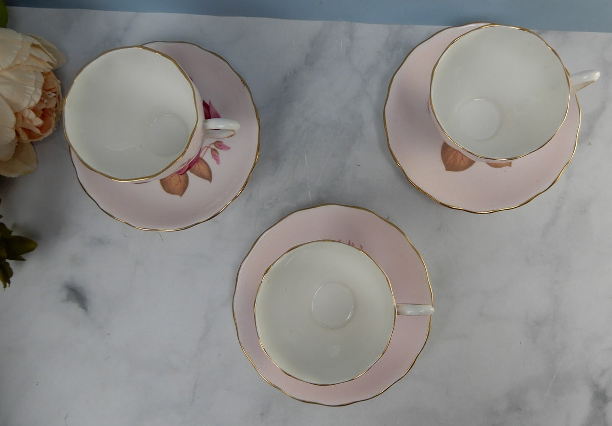 Set of 3 Colclough Bone China Pink Color Water Lily Teacups & Saucers