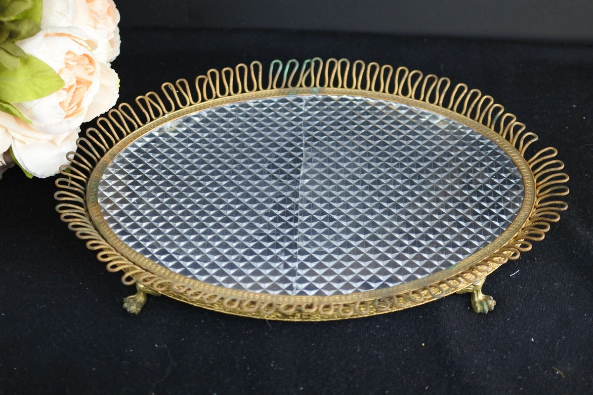 Antique Brass Ornate Jewelry 13-1/2" Tray with Heavy Glass As Is