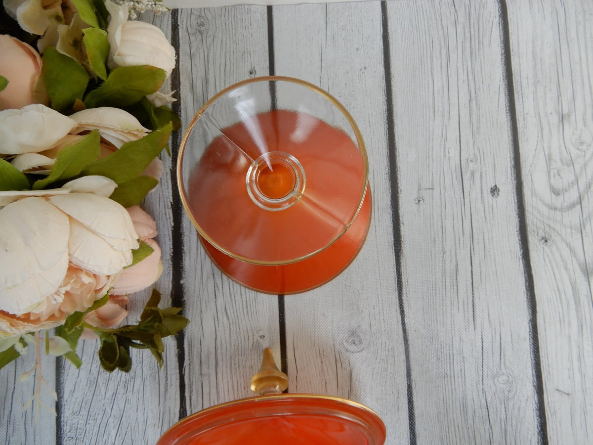 Vintage Rambler Rose Orange Glass Gold  Footed Candy Dish w/Lid