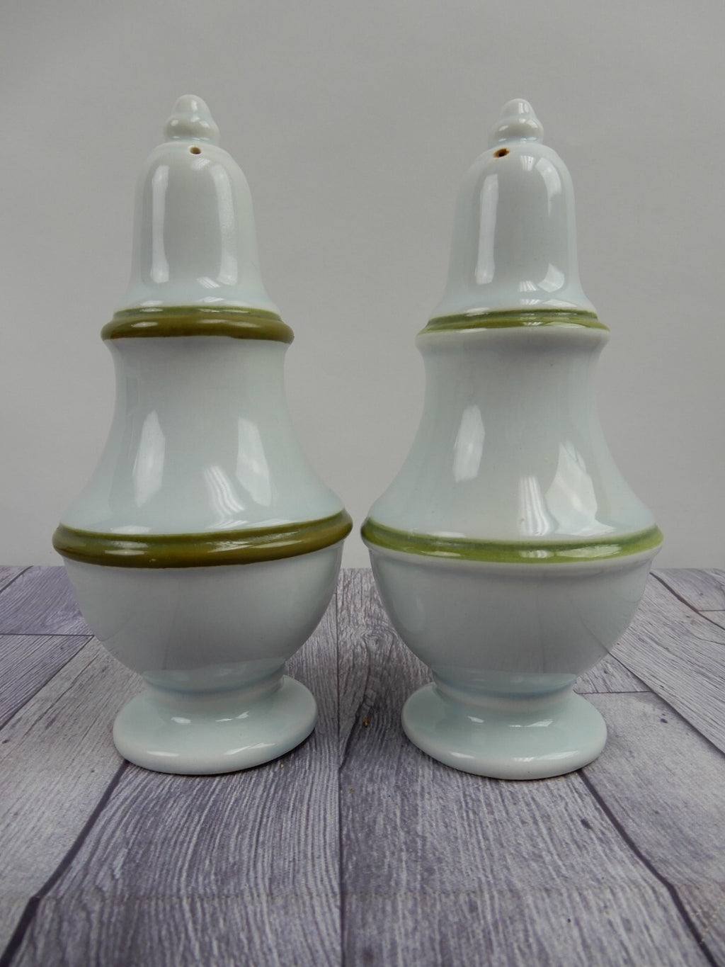 Set of Two Vintage Ironstone Big Salt & Pepper Shakers w/Green Bands