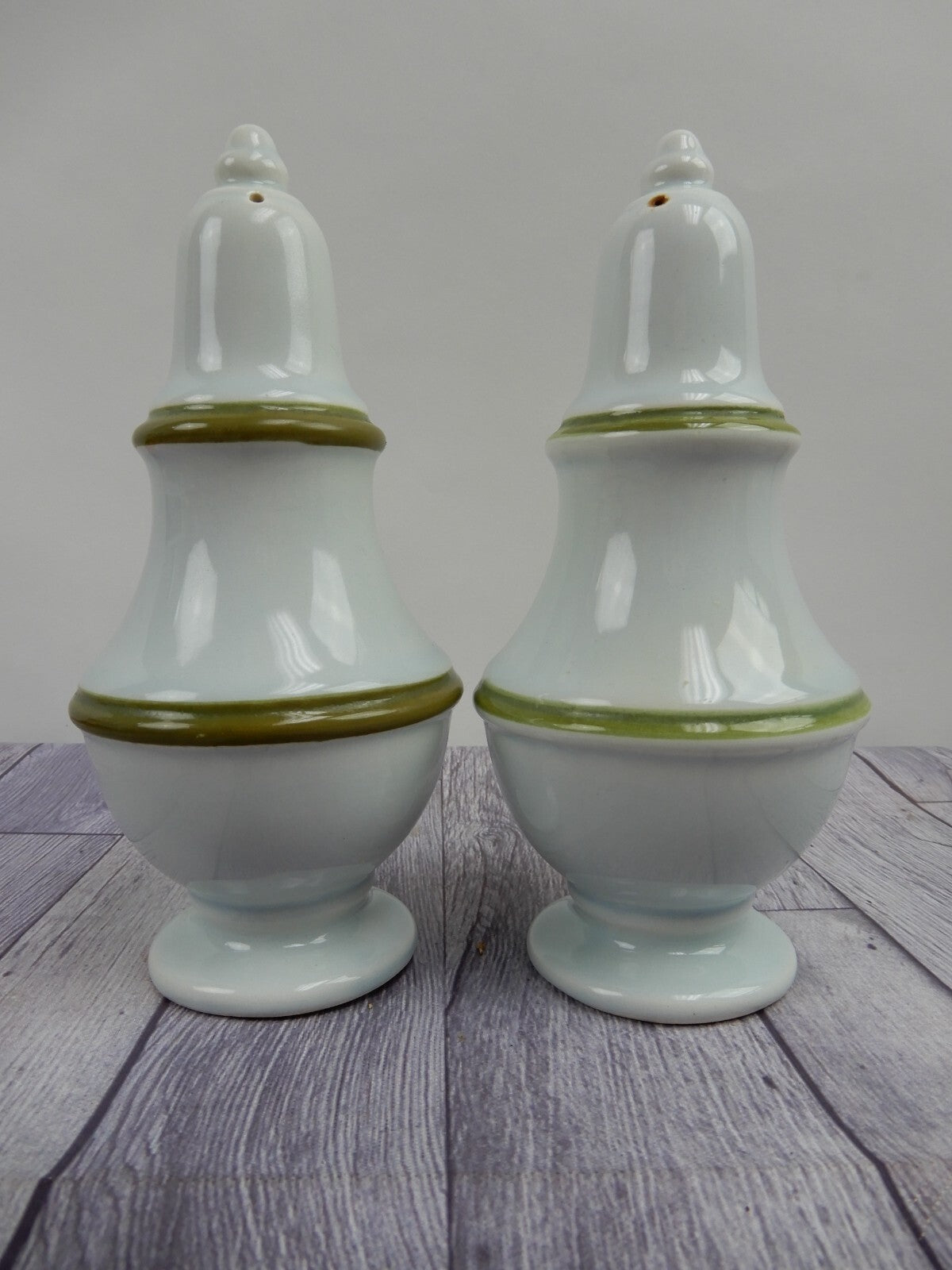 Set of Two Vintage Ironstone Big Salt & Pepper Shakers w/Green Bands