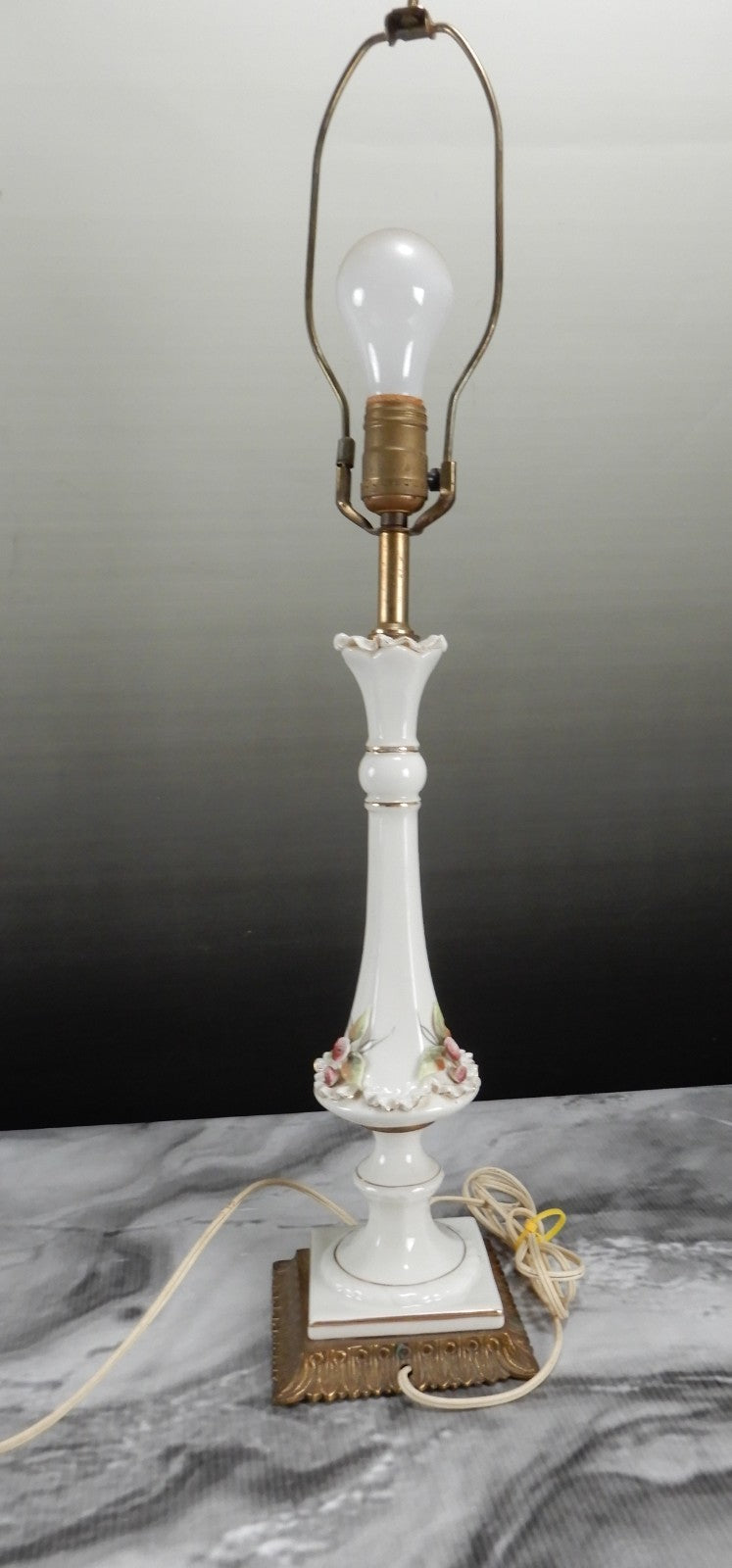 Vintage Porcelain Boudoir Table 3-Way Lamp with Applied Flowers 27" Tall