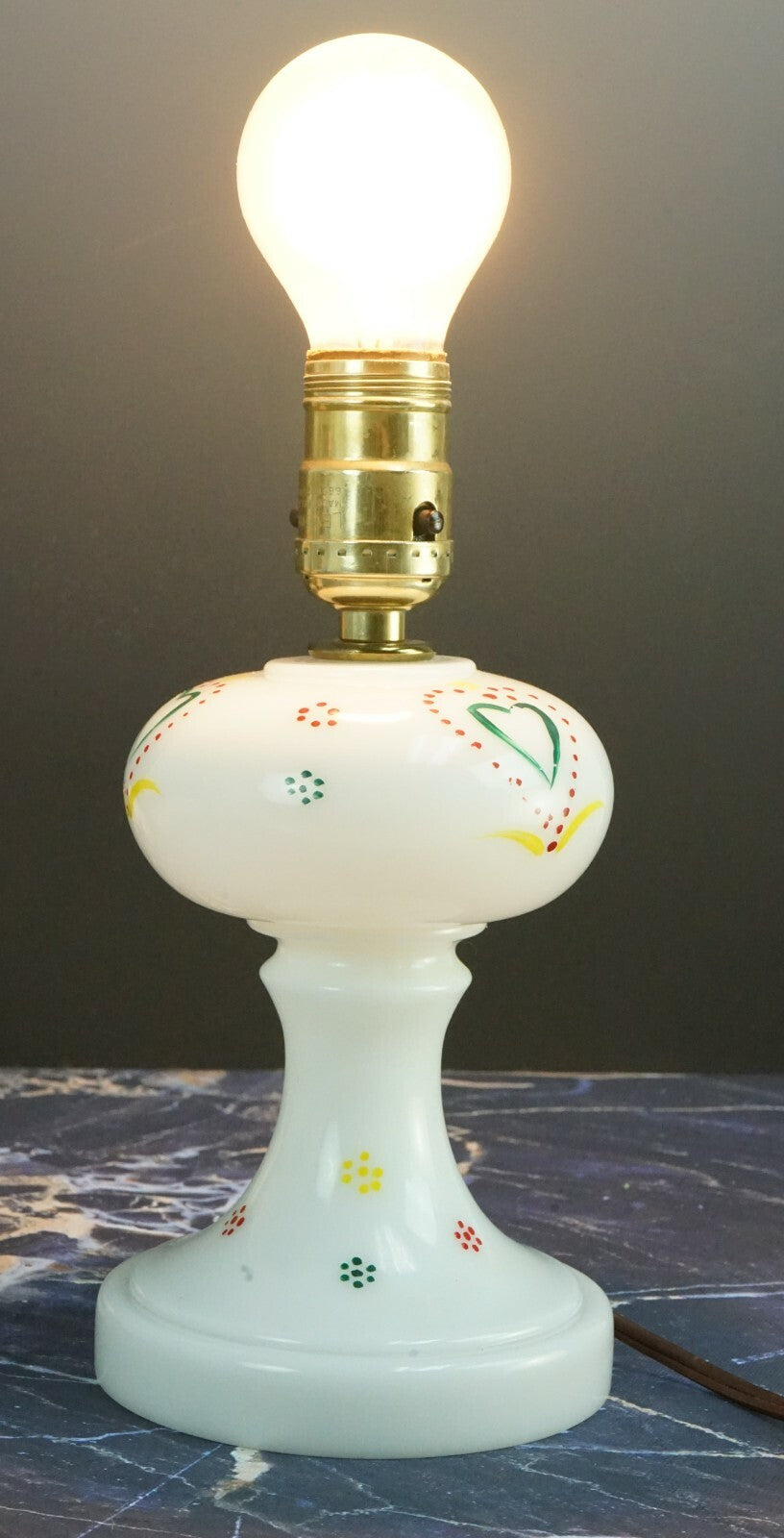 Vintage Glass Table Lamp with Hand Painted Hearts Design Milk Glass