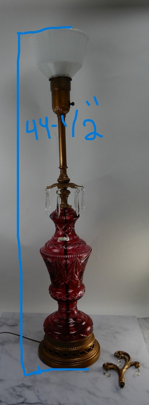 Vtge Western Germany Ruby Red Hand Cut Lead Crystal 3 Way Table Lamp 44-1/2" H