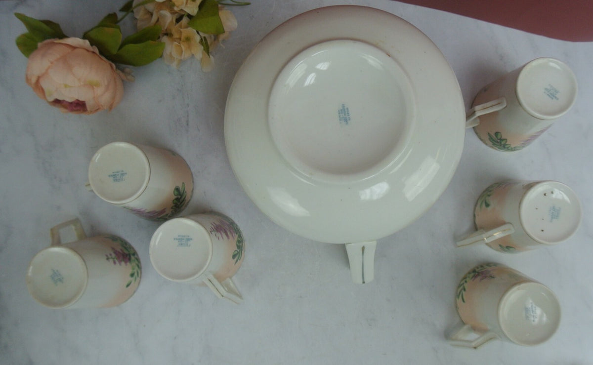 Vintage JE-OH China Lemonade/Cider Pink Floral Pitcher with 6 Cups