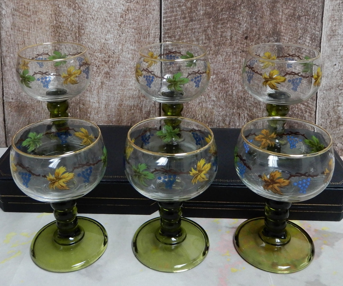 Vintage Set Of 6 Roemer Bubble Green Stem Glasses With Leaf Vine Wine Design