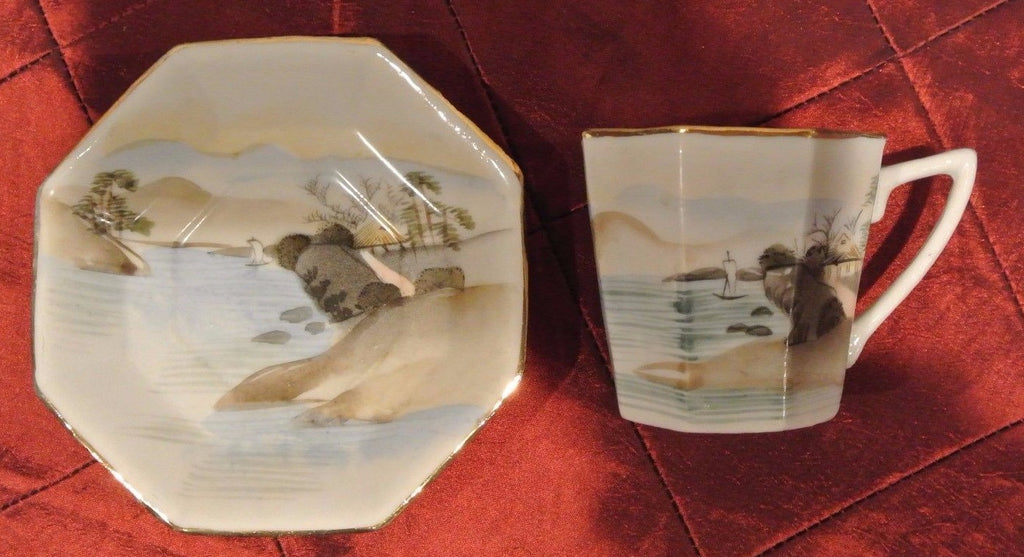 Vintage TE-OH China Tea/Coffee Pot w/ 5 Cups and Saucers Hand Painted Oriental